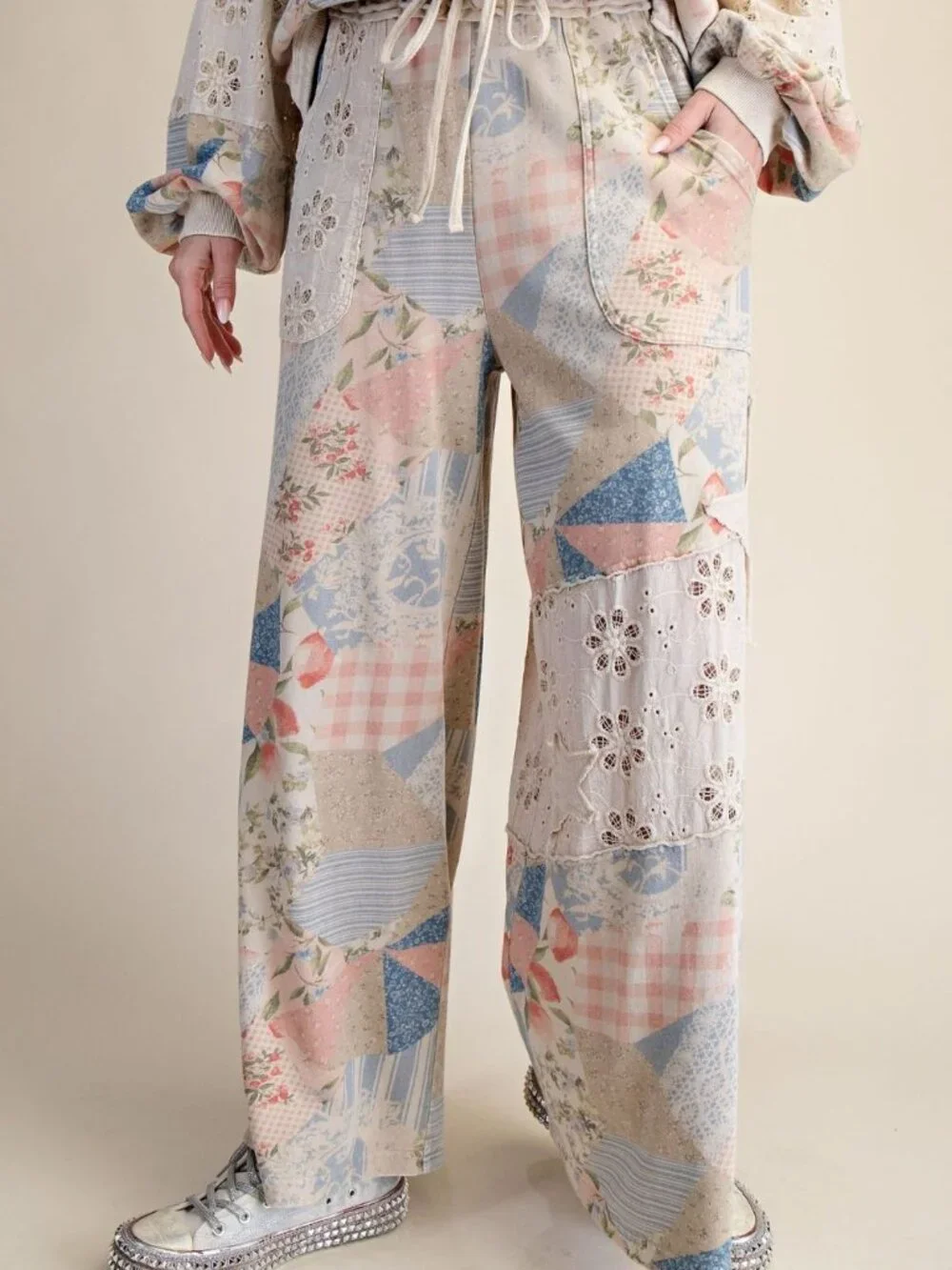 EASEL PATCHWORK PRINT WASHED COTTON TERRY TOP PANTS SET white blue pink lounge - Picture 8 of 9